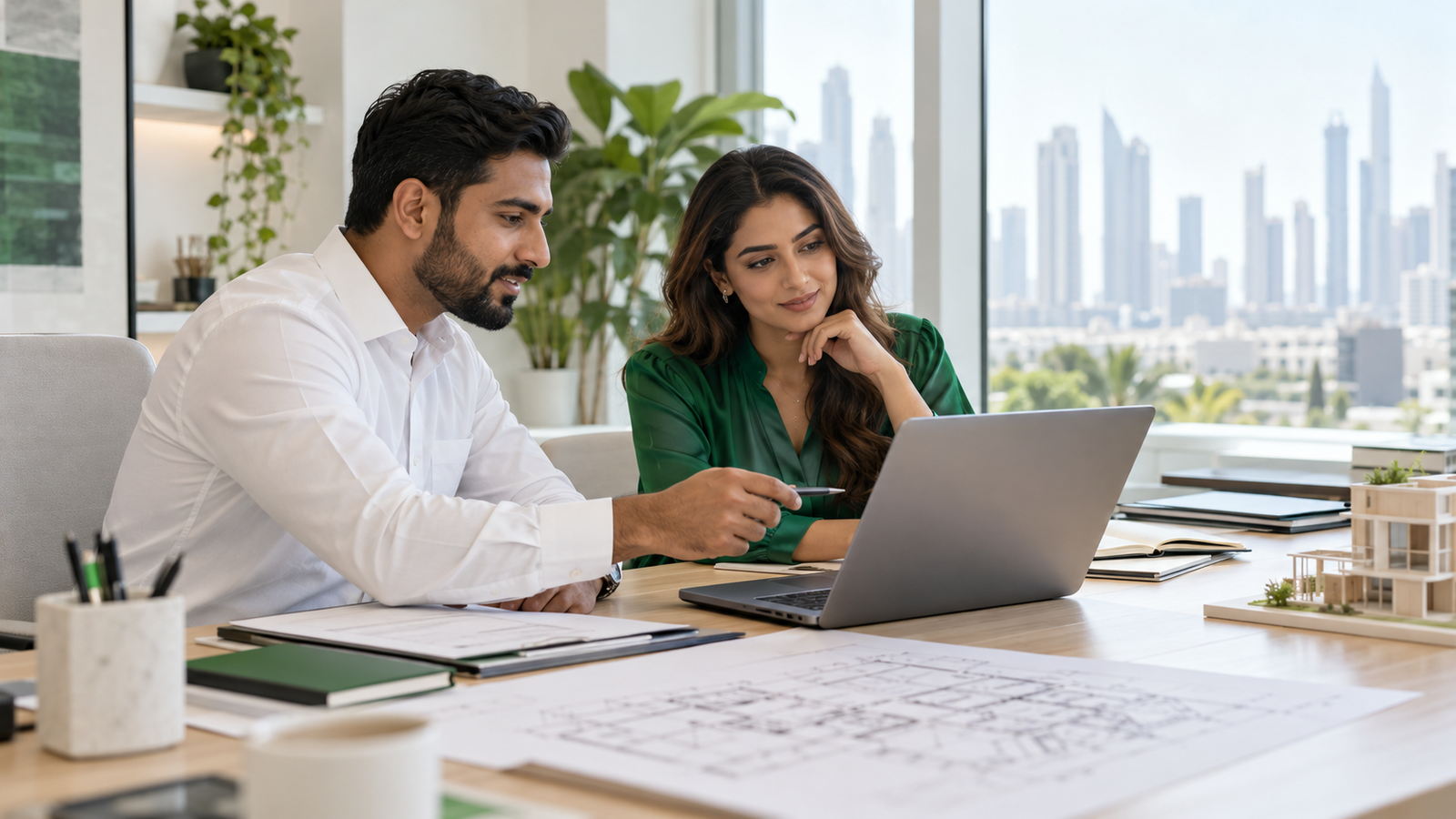Conceptual illustration of an accountant and SME owner reviewing a laptop in a UAE office.